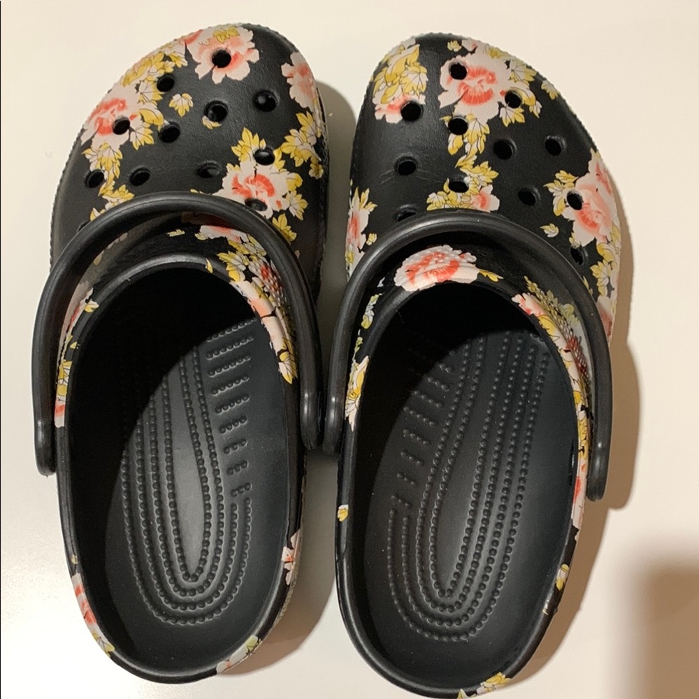 CROCS Black and Pink Clogs with Floral Accents